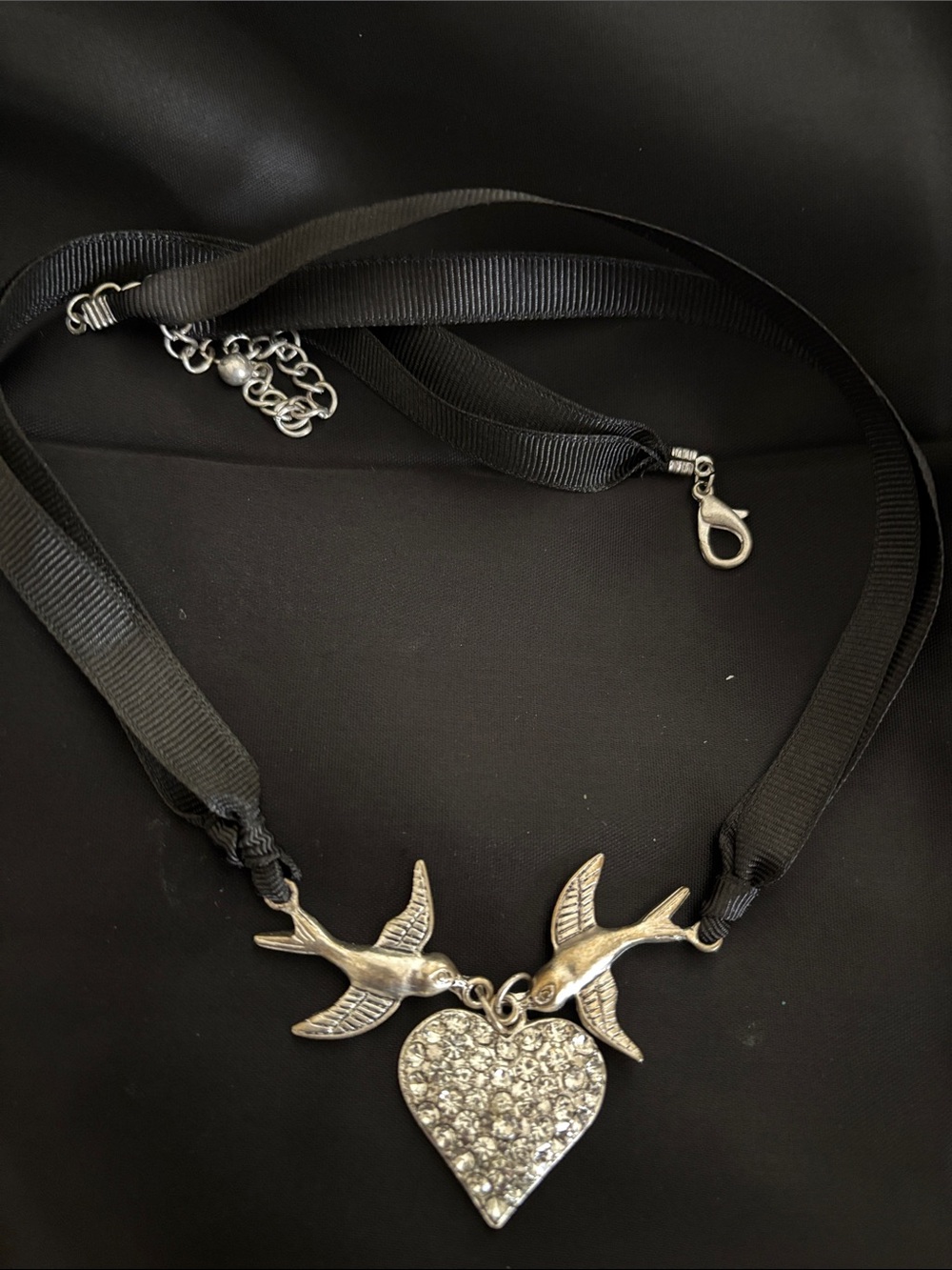Silver Bird & Crystal Heart Ribbon Necklace - Black
